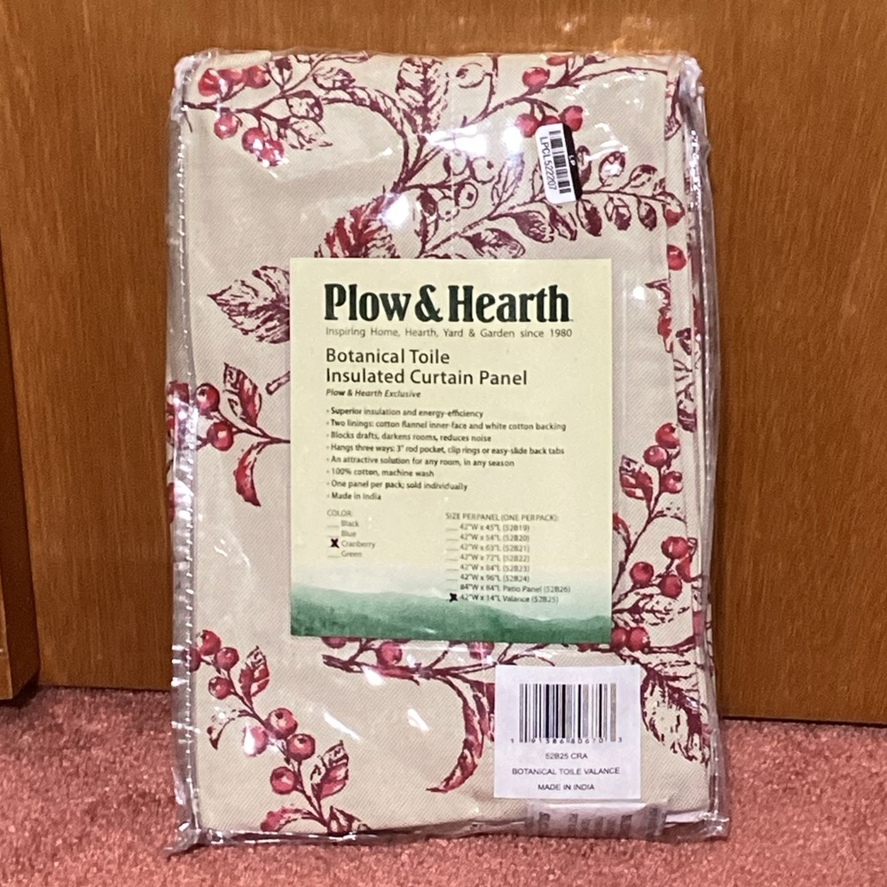 Plow & Hearth Botanical Toile Insulated Double-Lined Valance, 42W×14L -Cranberry